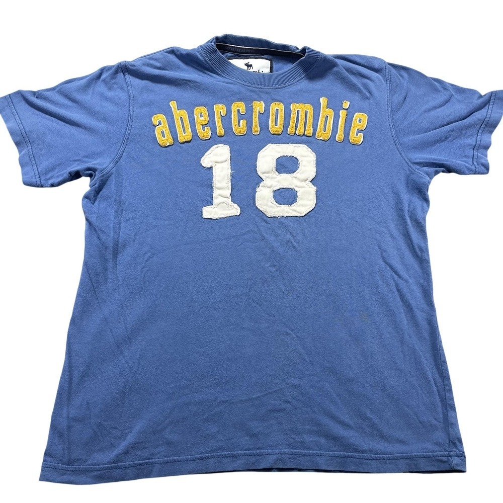 Abercrombie Shirt Youth Large Blue 18 Varsity Logo Sports Graphic Tee Cotton Y2K